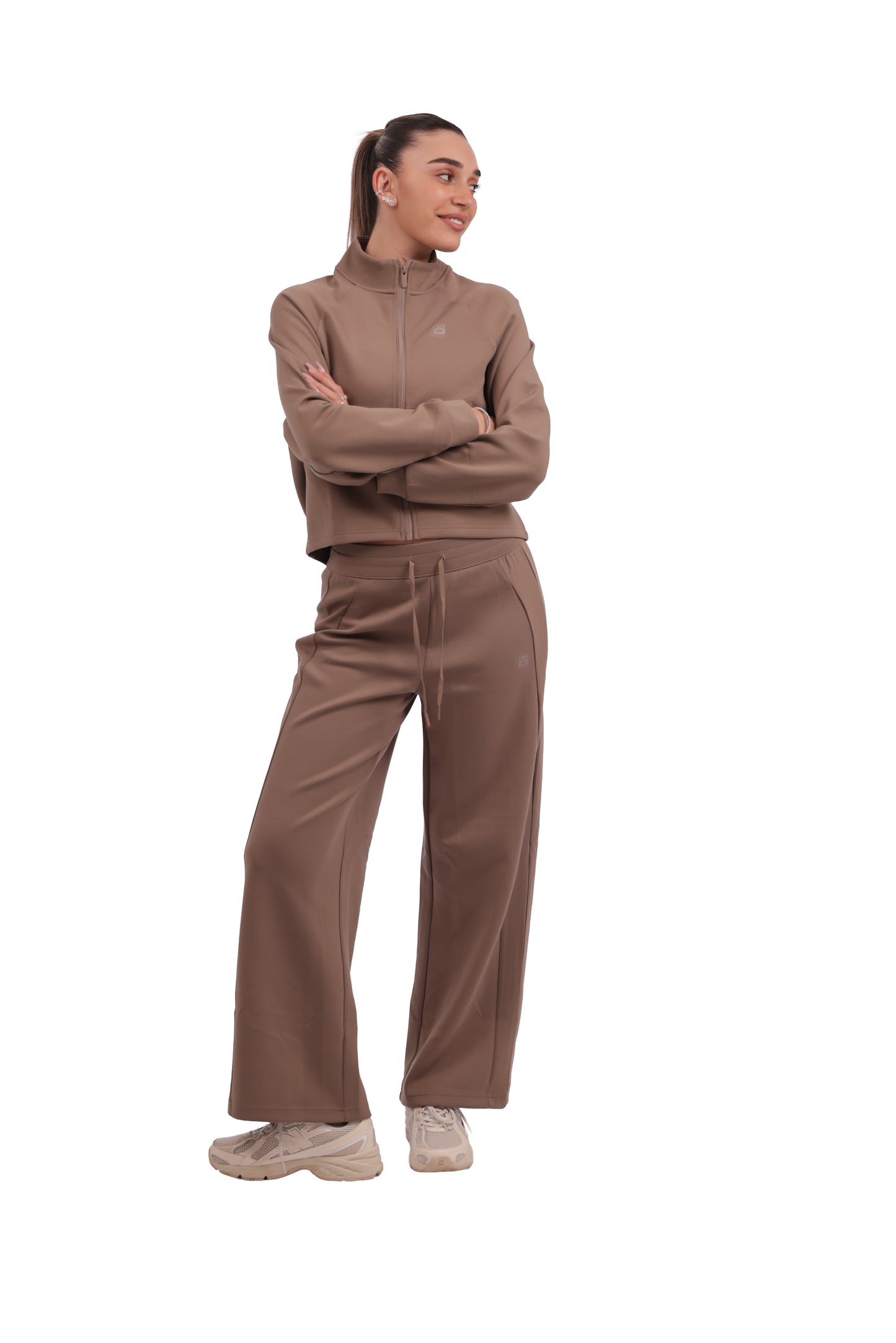 Mocha Brown Tracksuit - Stand collar jacket with drawstring wide-leg pants