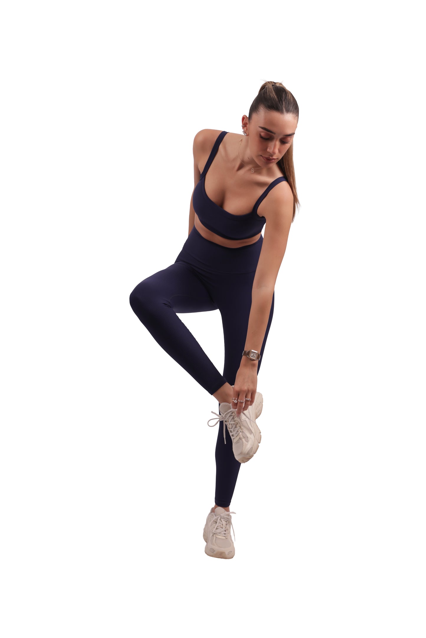 U-Neck Removable Pad Bra & Seamless Ribbed Leggings Set