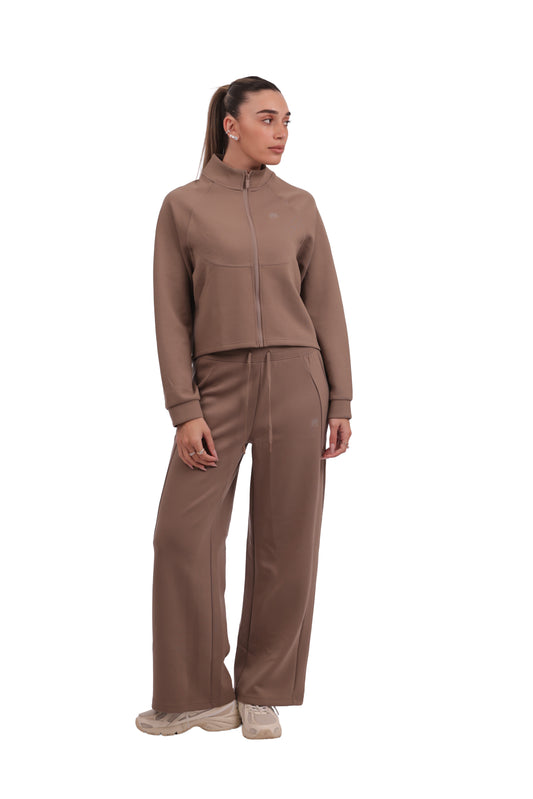 Mocha Brown Tracksuit -  Stand collar jacket with drawstring wide-leg pants