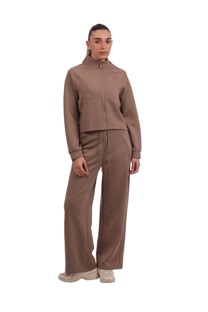Mocha Brown Tracksuit -  Stand collar jacket with drawstring wide-leg pants