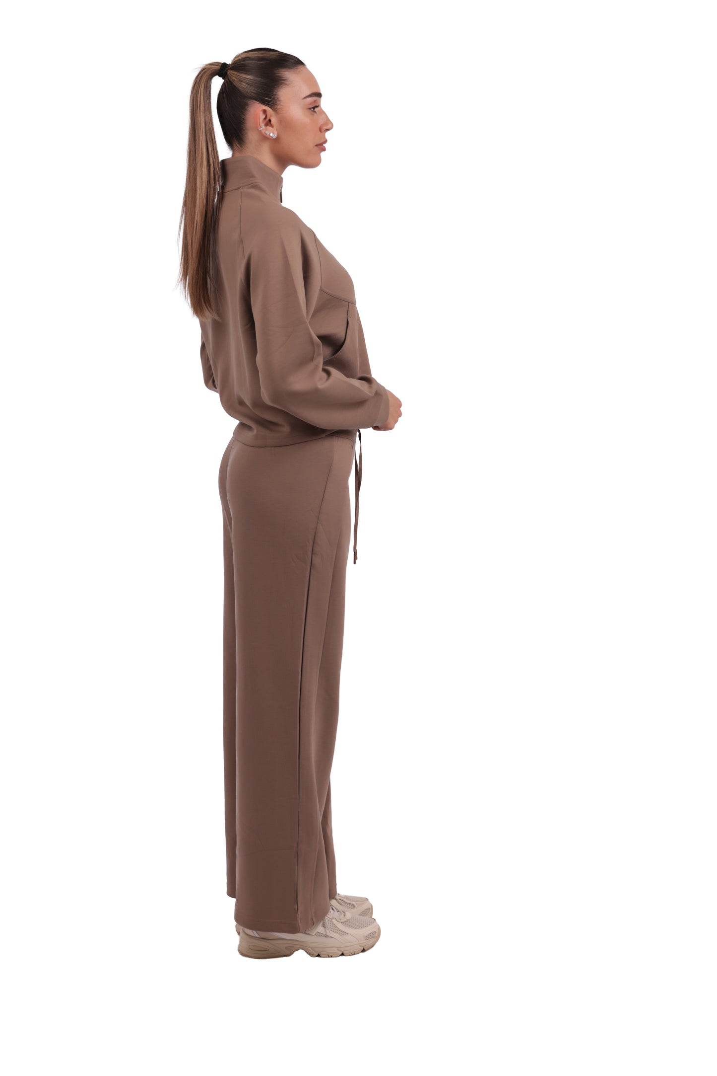 Mocha Brown Tracksuit -  Stand collar jacket with drawstring wide-leg pants