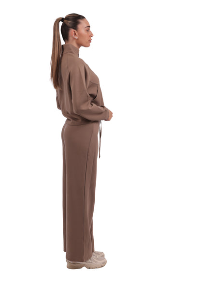 Mocha Brown Tracksuit -  Stand collar jacket with drawstring wide-leg pants