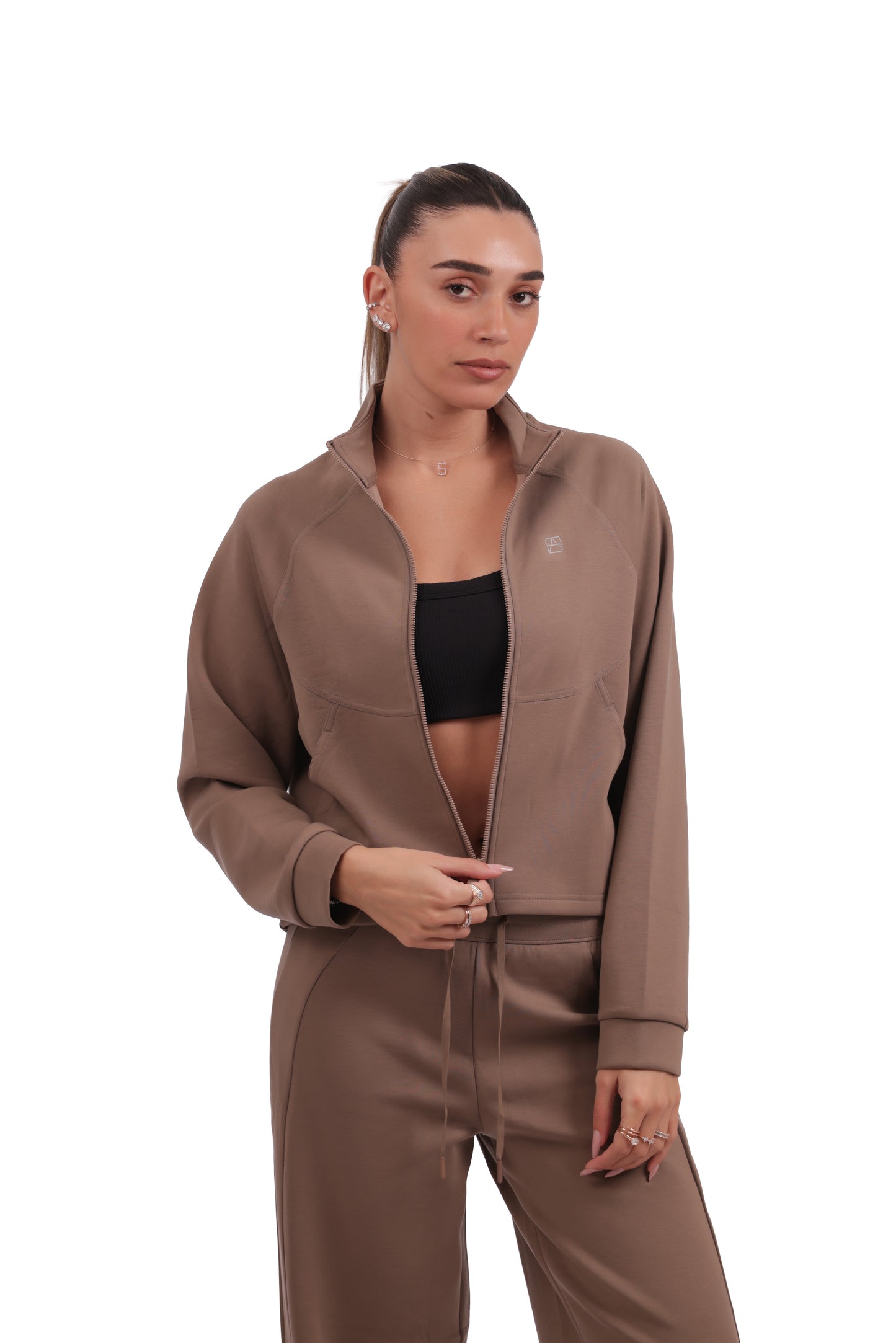 Mocha Brown Tracksuit -  Stand collar jacket with drawstring wide-leg pants